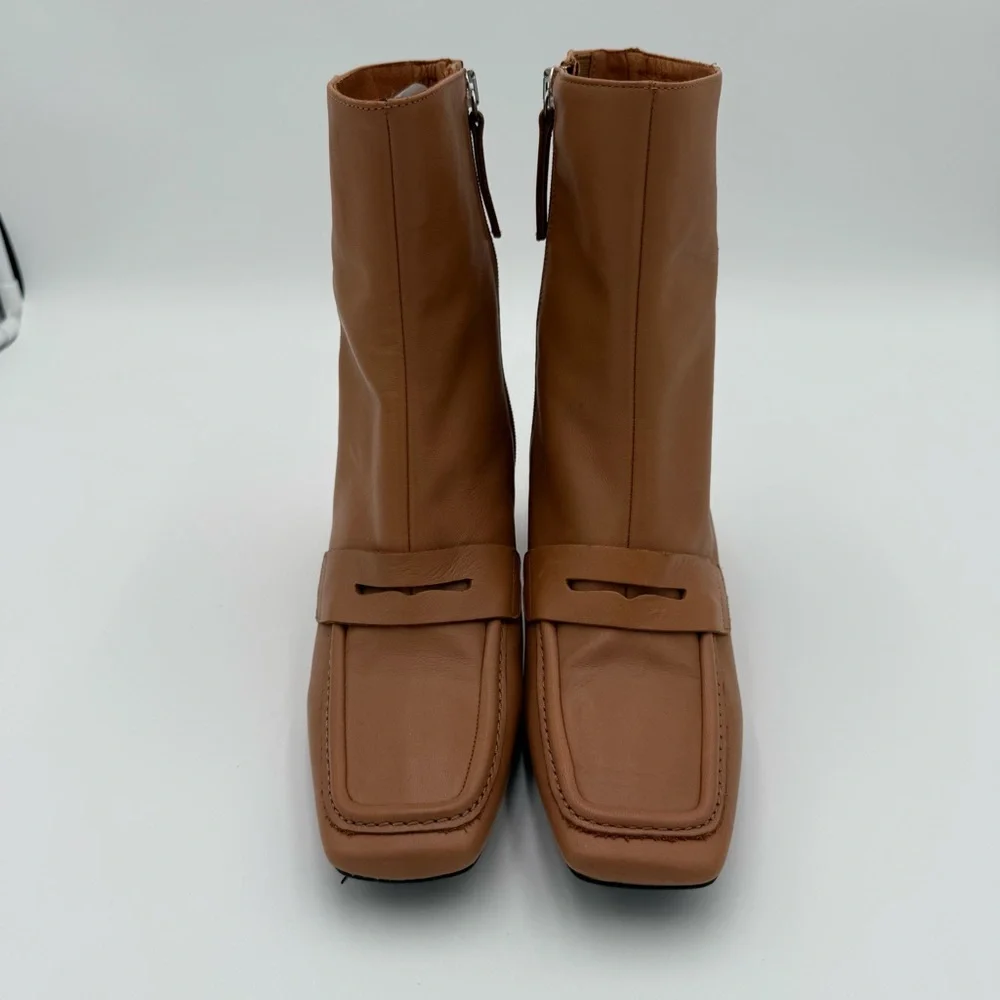 Angel‎ Alarcon Square Toe Chunky Block Heeled Ankle Boots Booties Camel 8 NWOT